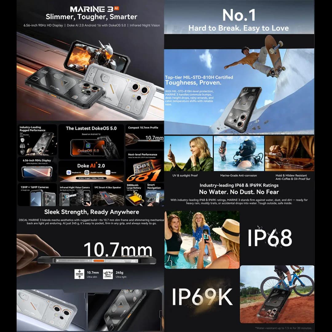 Blackview Oscal Marine 3 Smartphone 6.56" HD 90Hz Display Helio 81 8GB+128GB/ 256GB 16MP Camera 5000mAh Android 16 4G Mobile - 2