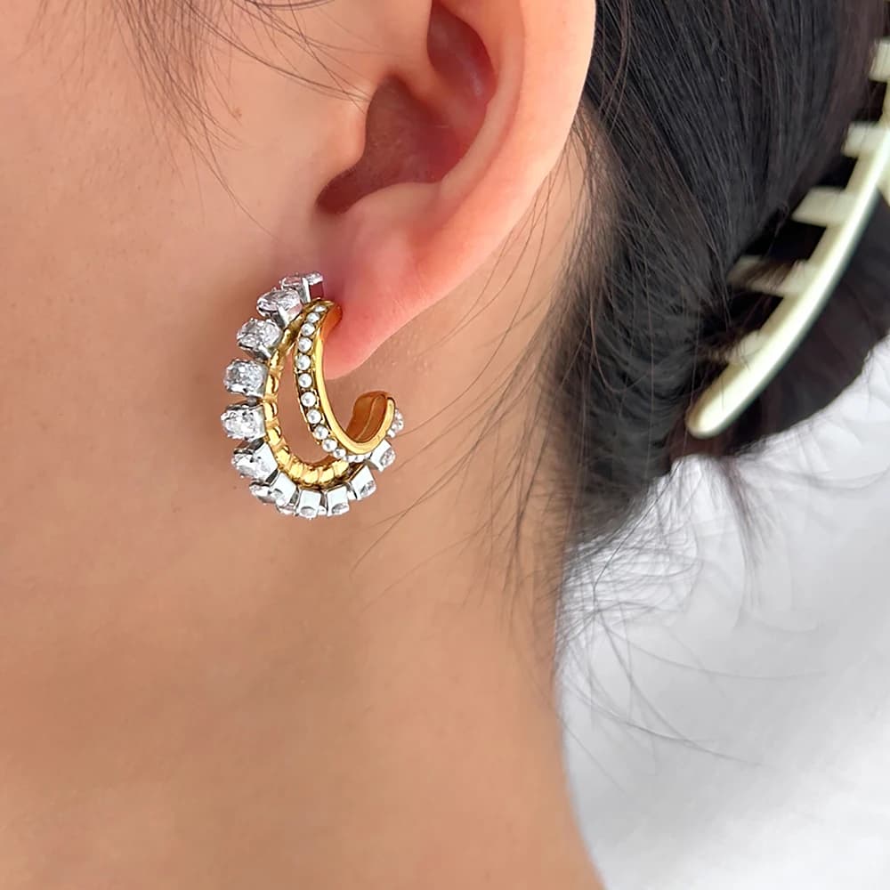 Shiny Bling White Zirconia Stainless Steel Ear Stud Luxury Irregular C Shape Hoop Earrings Golden Ear Jewelry Anti Allergic - 3