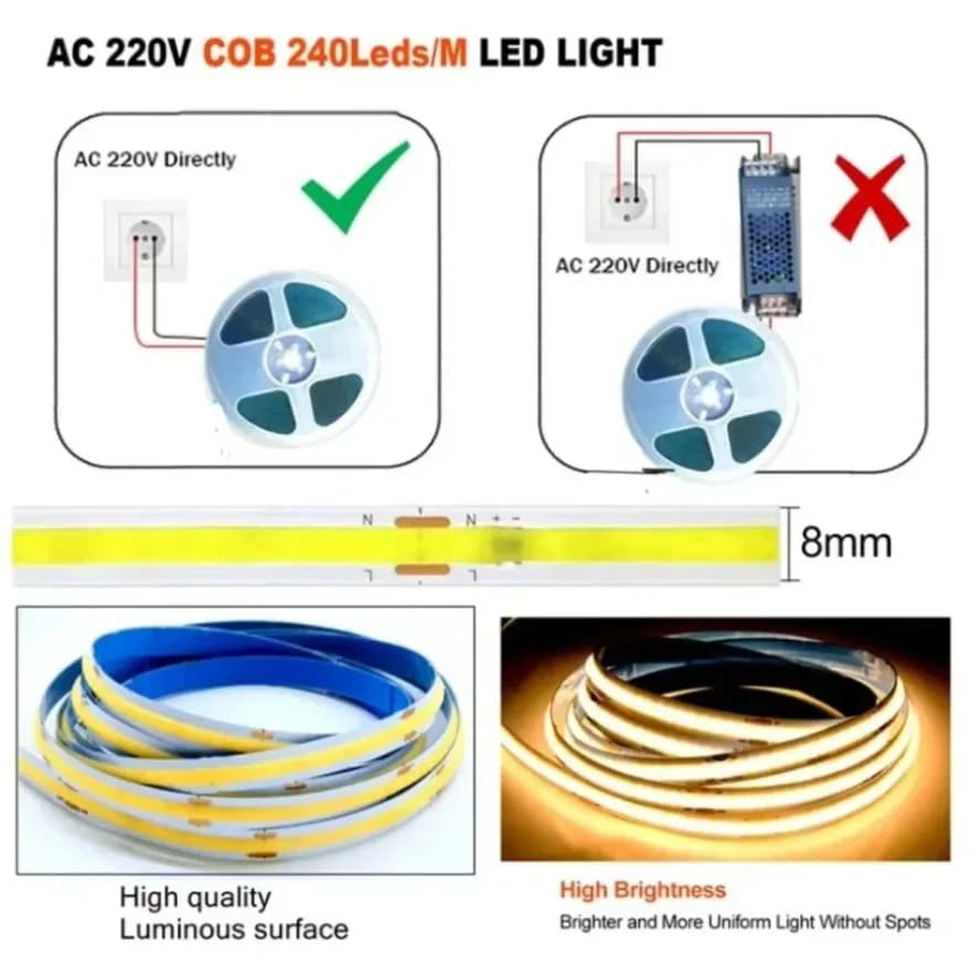 220V Flexible Tape Lights Dimmable COB LED Strip Light Smart IC No Need Driver High Bright 240LEDs/m Linear Lighting RA95 - 4