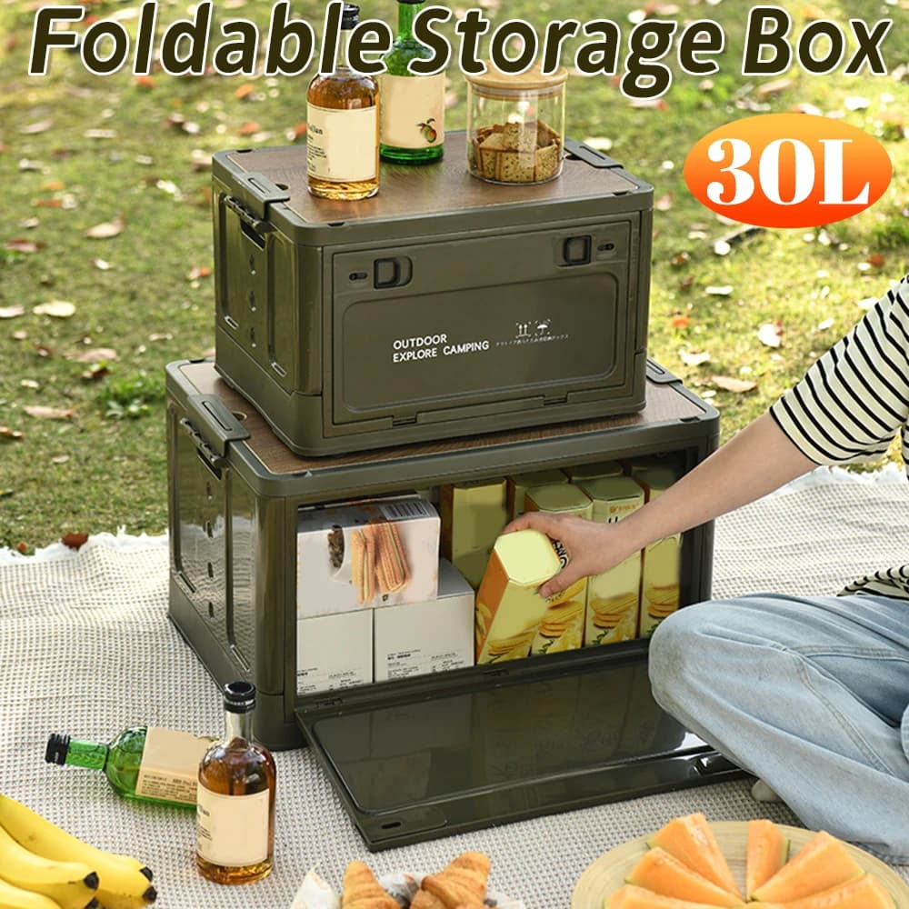 20/30LOutdoor Collapsible Storage Bin Side Open Car Storage Box With Wooden Lid Stackable Camping Storage Container Outdoor Tool - 2