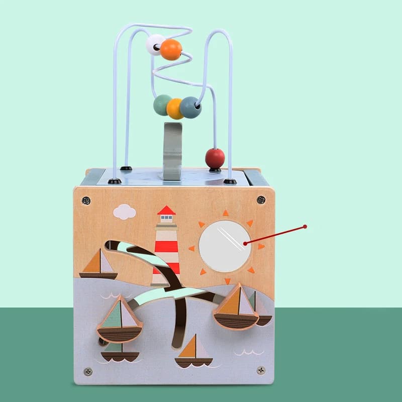 مكعب الأنشطة الخشبي 5 في 1 للأطفال الرضع، مرتب أشكال الحيوانات ومتاهة الخرز، ألعاب مونتيسوري التعليمية للأطفال من 6 إلى 12 شهرًا - 4