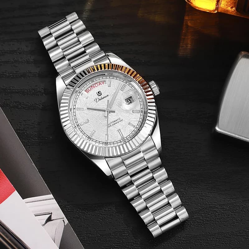 ساعات أعمال رجالي ماركة فاخرة تقويم أسبوع ساعة ميكانيكية أوتوماتيكية رجالي مقاومة للماء ذهبية ستانلس ستيل - 5