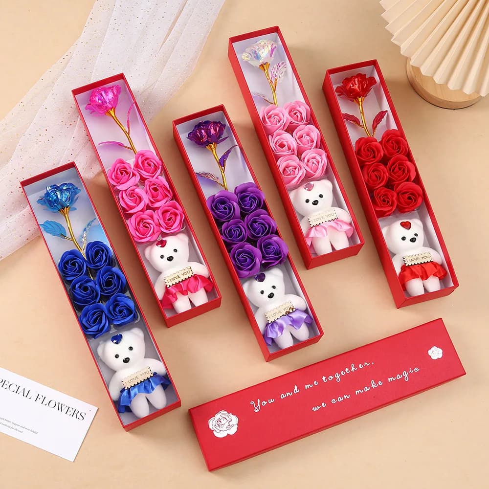 دب محشو صندوق هدية زهور اصطناعية ورد صابون وردة ذهب 24 قيراط هدية عيد الحب عيد الأم زفاف ديكور منزلي