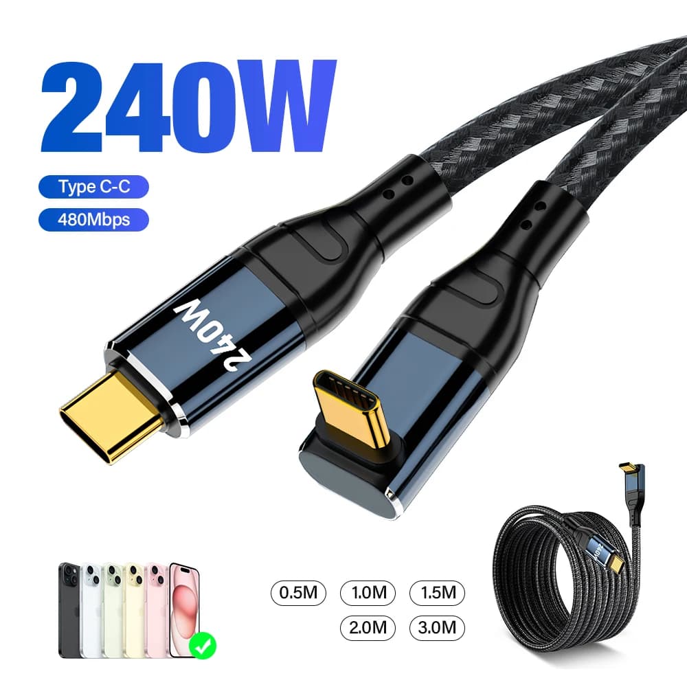 كوع 90 درجة شحن فائق السرعة PD 3.1 240W USB Type C إلى C كابل لآيفون 15 آيباد آبل ماك بوك فيفو سامسونج شاحن بيانات