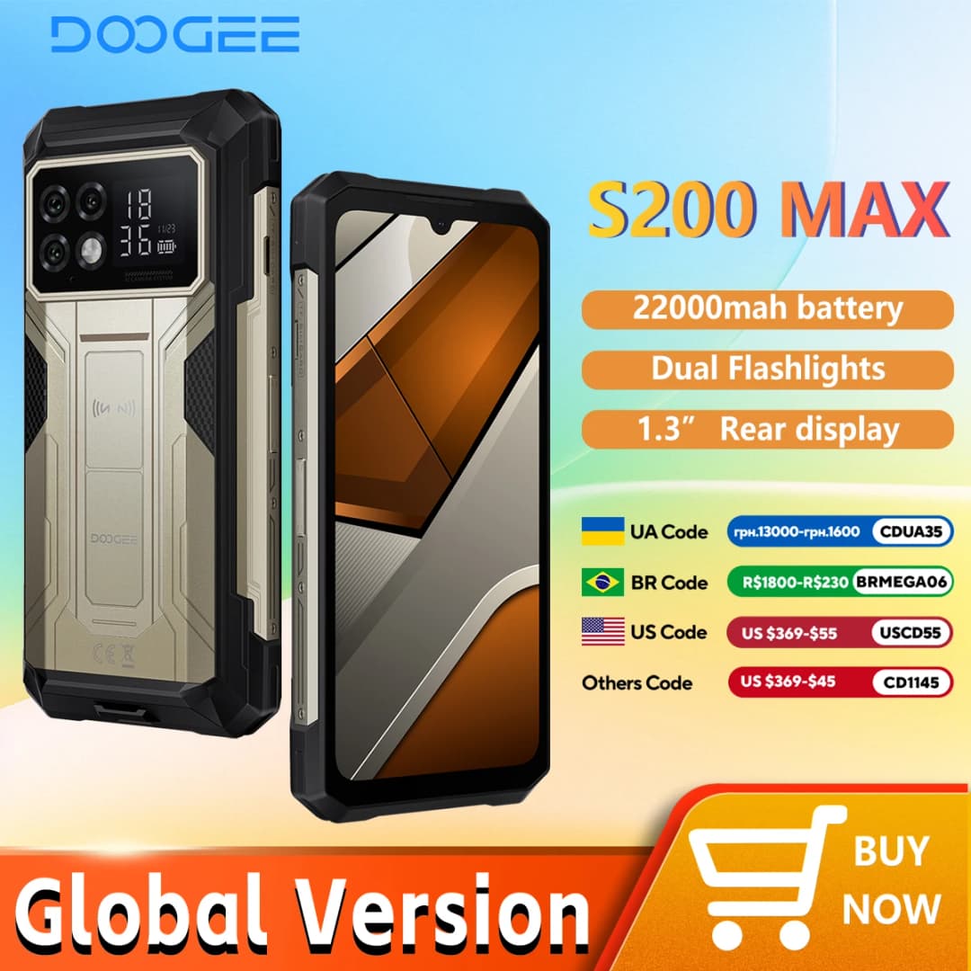 هاتف دوغي S200 ماكس المتين، ذاكرة 16 جيجابايت + 512 جيجابايت، بطارية 22000 مللي أمبير، معالج ديمينسيتي 7050، شاشة 6.72 بوصة بمعدل تحديث 120 هرتز، شاشة خلفية 1.32 بوصة، كشاف مزدوج
