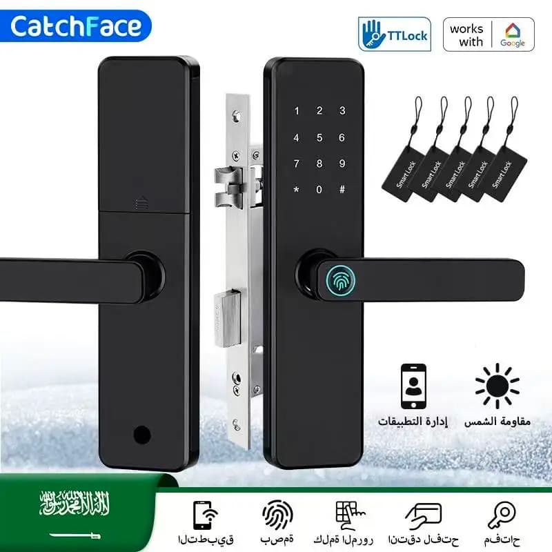 قفل باب ذكي يعمل ببصمة الأصبع ورمز البطاقة، شاشة تعمل باللمس، قفل أمان إلكتروني رقمي للمنزل في السعودية