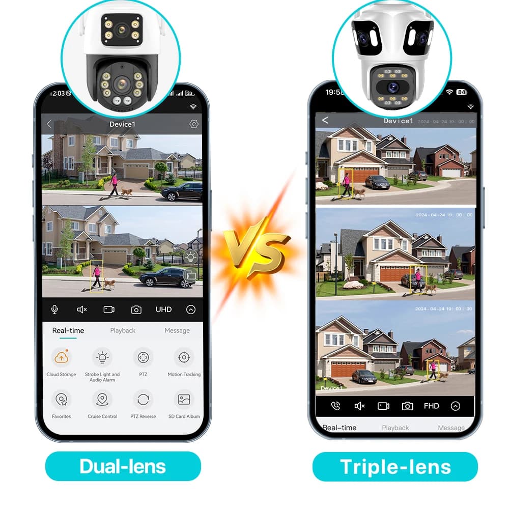 كاميرا IP PTZ بثلاث عدسات خارجية HD شاشة ثلاثية كاميرا أمان WiFi تتبع تلقائي عدسة مزدوجة كاميرا مراقبة لاسلكية iCsee - 6