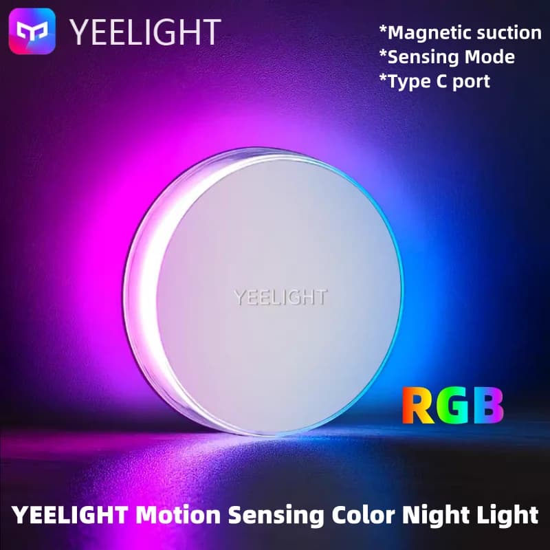 إضاءة ليلية ملونة YEELIGHT مع استشعار الحركة، كشف الحركة، إضاءة ليلية مغناطيسية، تشغيل تلقائي دائم، وضعان، مصباح ديكور RGB مع منفذ Type-C