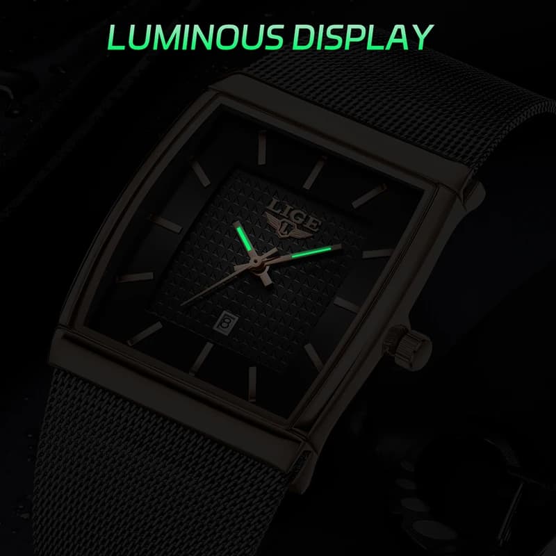 LIGE New Luxury Square Watch For Men Fashion Business Rose Gold Ultra Thin Mesh Waterproof Luminous Men's Quartz Wristwatches - 3