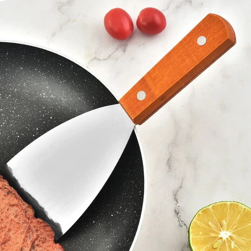 قواطع بيتزا مائلة ملعقة ستيك برجر فطيرة بيتزا كاشطة مجرفة أدوات مطبخ للشواء مقبض خشبي من الفولاذ المقاوم للصدأ - 6