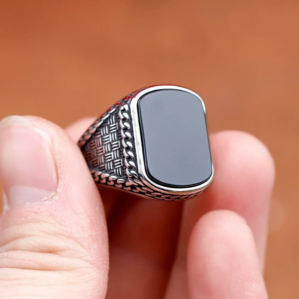 NEW Vintage Punk Stainless Steel Rectangle Anels for Men Black Stone Zircon Men's Anels Totem Luxury Wedding Jewelry - 6