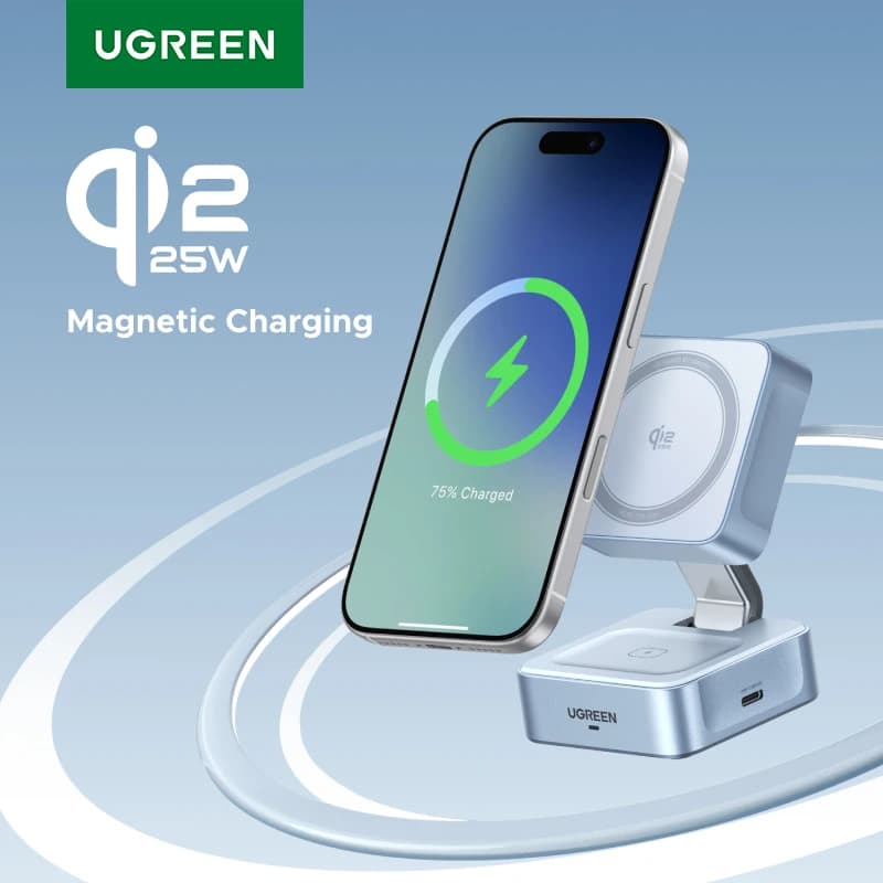يو جرين Qi2.2 25W 15W 2-in-1 حامل شاحن لاسلكي مغناطيسي شحن سريع حامل شاحن لـ آيفون 16 17/إيربودز شاحن ماج فلو