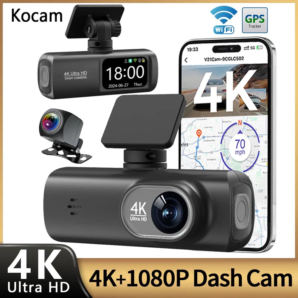 كاميرا سيارة بدقة 4K UHD بعدسة مزدوجة أمامية وخلفية مع GPS وواي فاي - وضع وقوف السيارات لمدة 24 ساعة - رؤية ليلية - مسجل فيديو DVR للسيارة