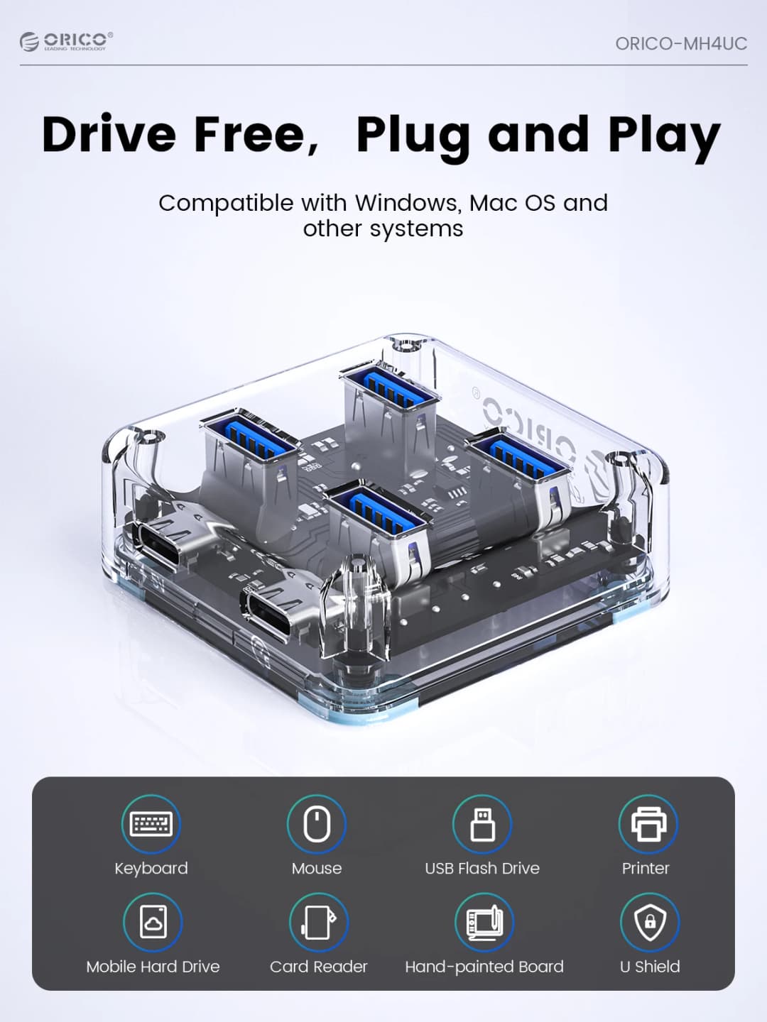 ORICO Transparent Usb C Hub 4 Port Expansion With Power Supply Interface Usb 3.2 Protocol High Speed Transmission OTG Dapter - 5