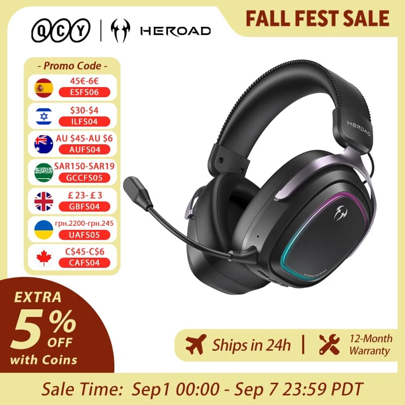 سماعات رأس للألعاب QCY Heroad GT2 H5GMA صوت محيطي THX+7.1.4 وضع ثلاثي RGB 3 ميكروفونات ENC سماعات أذن للكمبيوتر/PS5