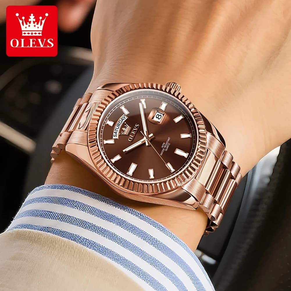 OLEVS Men's Watch Top Brand Luxury Wrist Watch For Men Fashion Rose Gold Stainless Steel Waterproof Watch Day Date Quartz Clock - 6
