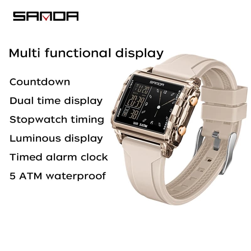 SANDA 6273 Wristwatch Square Dual Time Man Electron Analog Watch for Men Women Waterproof Count Down Timer Digital World Time - 3