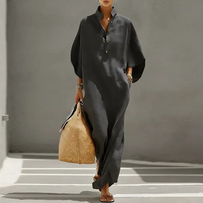 Summer Holiday Bohemian Long Dress Women's Sexy Stand Collar Button Elegant Party Dresses Spring Batwing Sleeve Loose Maxi Dress - 5