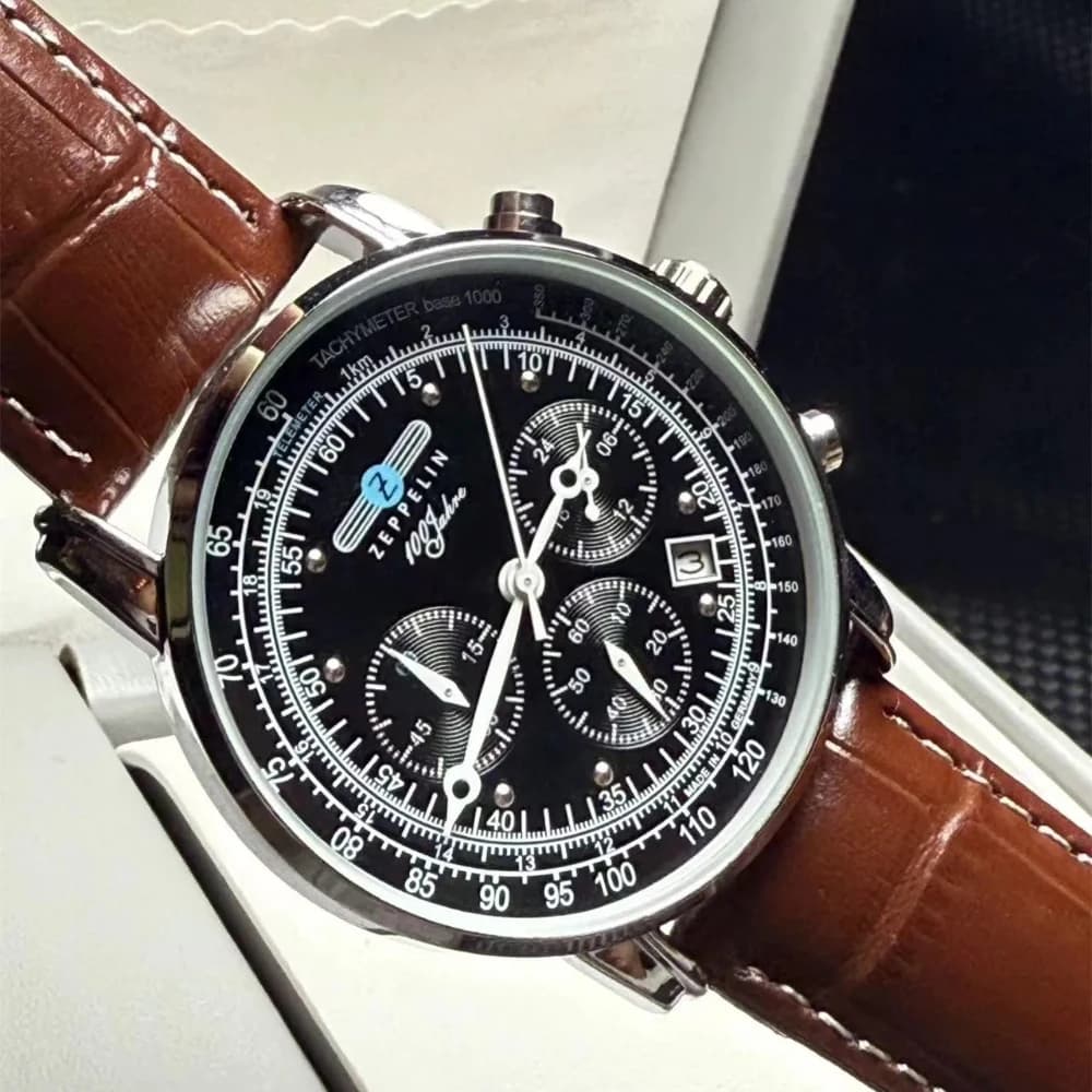ساعة رجالية كلاسيكية للأعمال والترفيه، بثلاث عيون وثواني متحركة، متعددة الوظائف، كرونوغراف زيبيلين أوتوماتيكية مع تاريخ وحركة كوارتز - 6