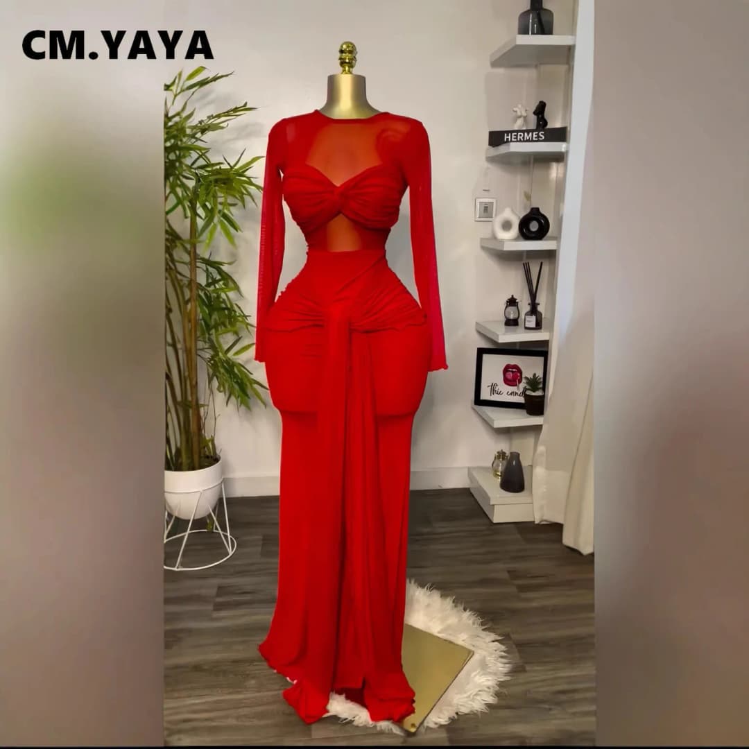 فستان طويل بأكمام طويلة من الشبك من CM.YAYA، فستان طويل بعقدة فراشة، فستان سهرات وحفلات مثير 2025 - 3