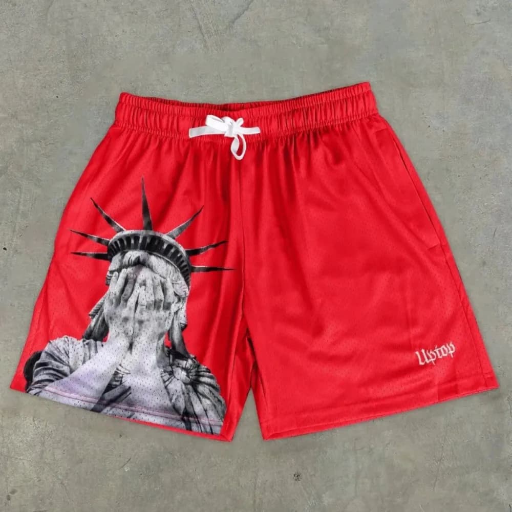 European and American men's summer Statue of Liberty print comfortable breathable drawstring shorts outdoor casual pants - 2