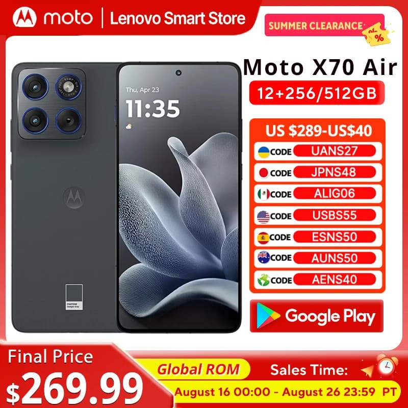 هاتف ذكي Motorola Moto X70 Air بشاشة 6.7 بوصة OLED بدقة 1.5K ومعدل تحديث 120 هرتز، معالج Snapdragon 7 Gen 4، ذاكرة تخزين عالمية، كاميرا 50 ميجابكسل، خفيف الوزن