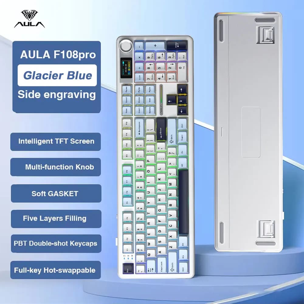 لوحة مفاتيح ميكانيكية AULA F108 Pro للألعاب، ثلاثية الوضع، مخصصة، متعددة المقابض، شاشة RGB، مع شاشة TFT الذكية