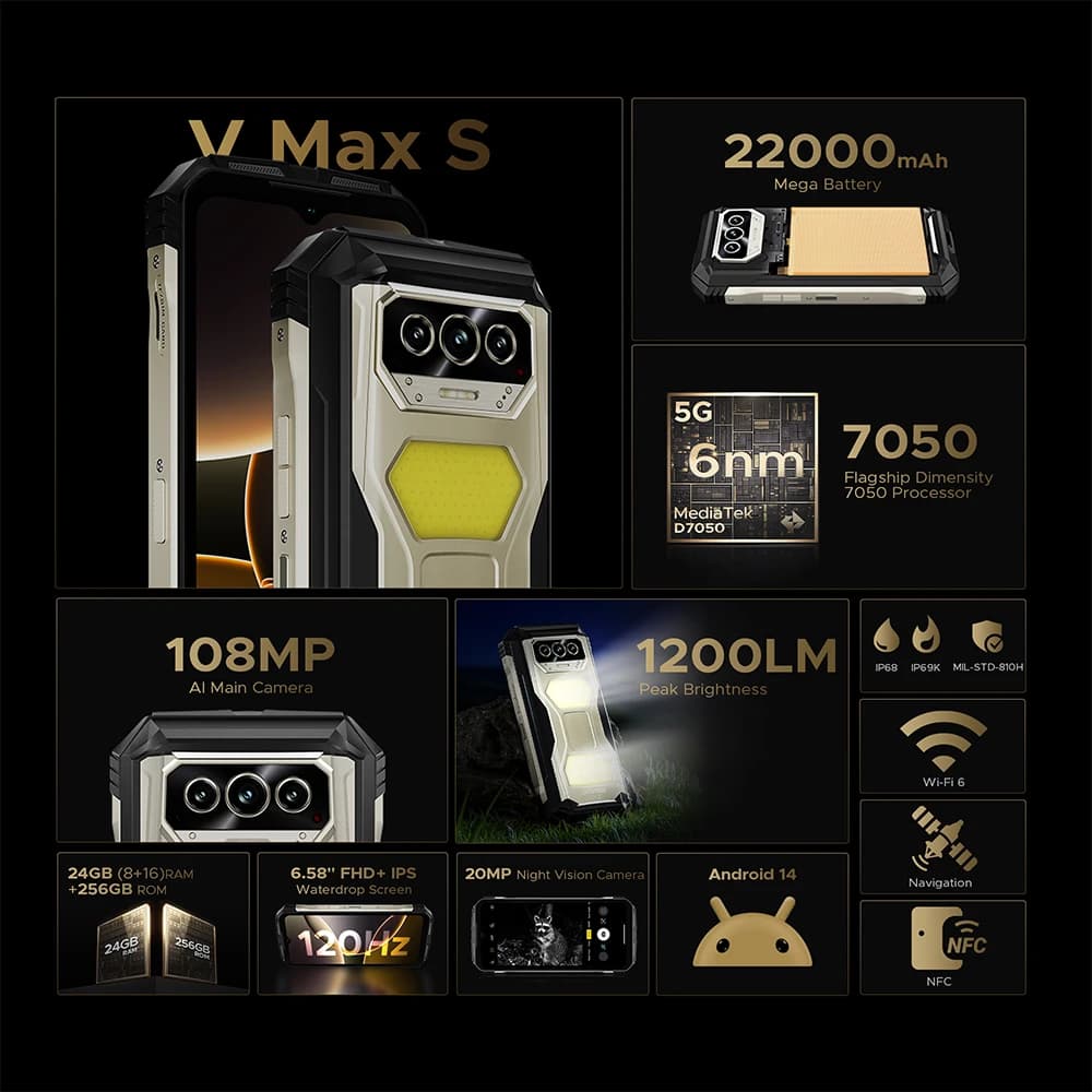 الإصدار العالمي DOOGEE V Max S 5G هاتف متين 6.58 بوصة إضاءة تخييم 24 جيجابايت (8+16) 256 جيجابايت بطارية كبيرة 22000 مللي أمبير كاميرا 108 ميجابكسل - 2