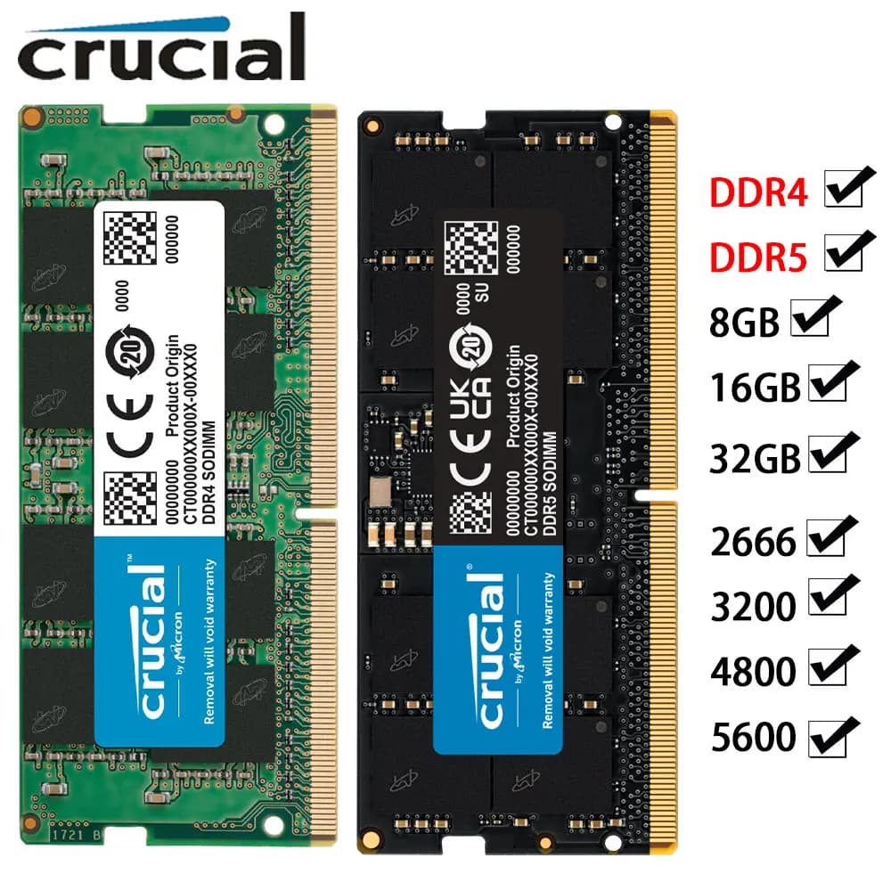 Crucial Memory Laptop RAM DDR5 DDR4 32GB 16GB 8GB 2133 2400 2666 3200 5600 4800MHz PC5-44800 38400 PC4-25600 SODIMM Notebook RAM