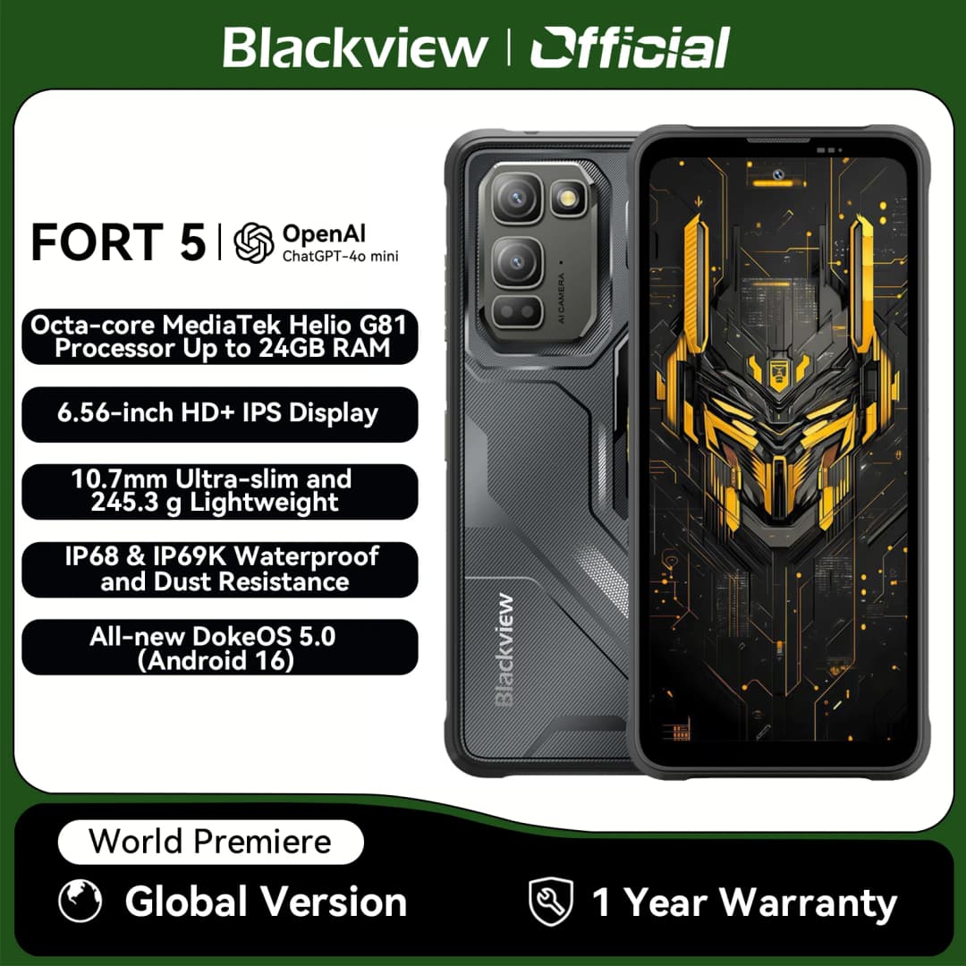 هاتف Blackview FORT 5 الذكي، شاشة 6.78 بوصة HD+ IPS، معالج MediaTek بذاكرة 12 جيجابايت + 256 جيجابايت، كاميرا 108 ميجابكسل، بطارية 5000 مللي أمبير، هاتف متين للاستخدام الخارجي - 2