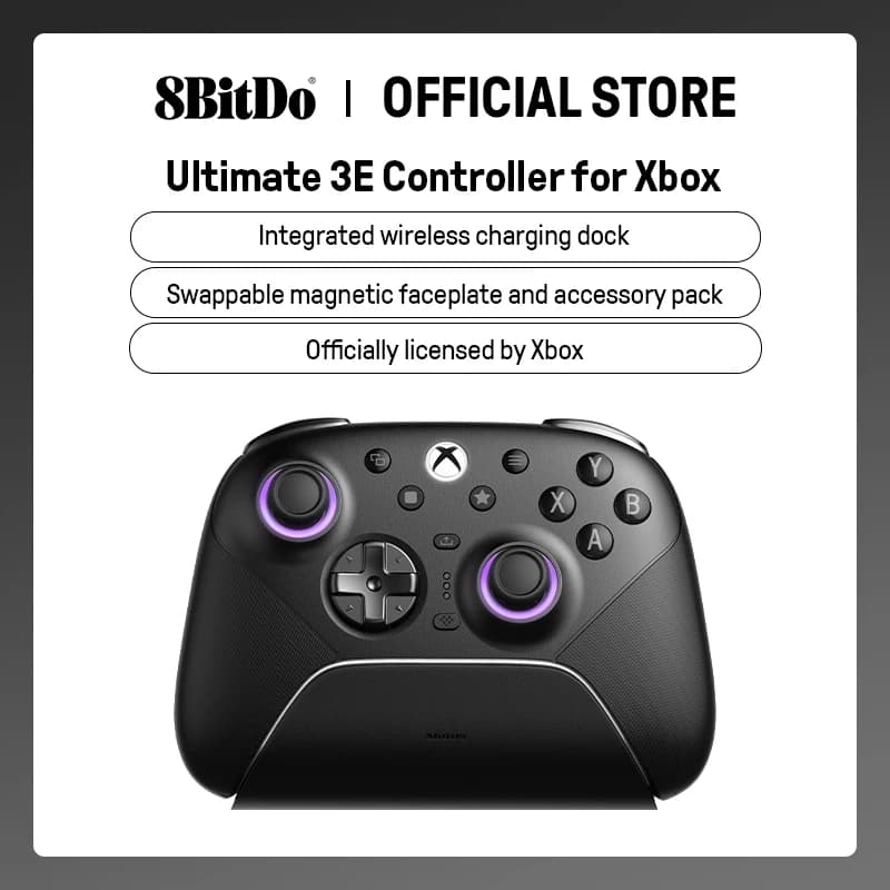 وحدة تحكم لاسلكية 8BitDo Ultimate 3E لـ Xbox وPC وأندرويد وآبل، مع أجزاء قابلة للتبديل، وعصي تحكم TMR، ومشغلات هول مع توقفين