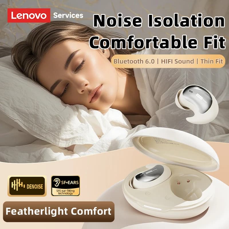 سماعات نوم لينوفو LE203 لاسلكية بلوتوث 6.0، صغيرة وخفيفة، مريحة، داخل الأذن، عمر بطارية طويل مع ميكروفون