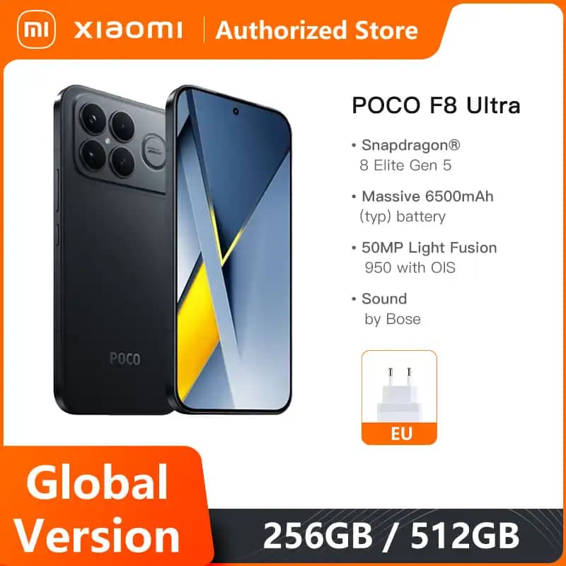هاتف شاومي POCO F8 ألترا 5G، أندرويد، معالج Snapdragon 8 Elite Gen 5، بطارية 6500mAh، شاشة 6.9 بوصة 120Hz AMOLED، NFC