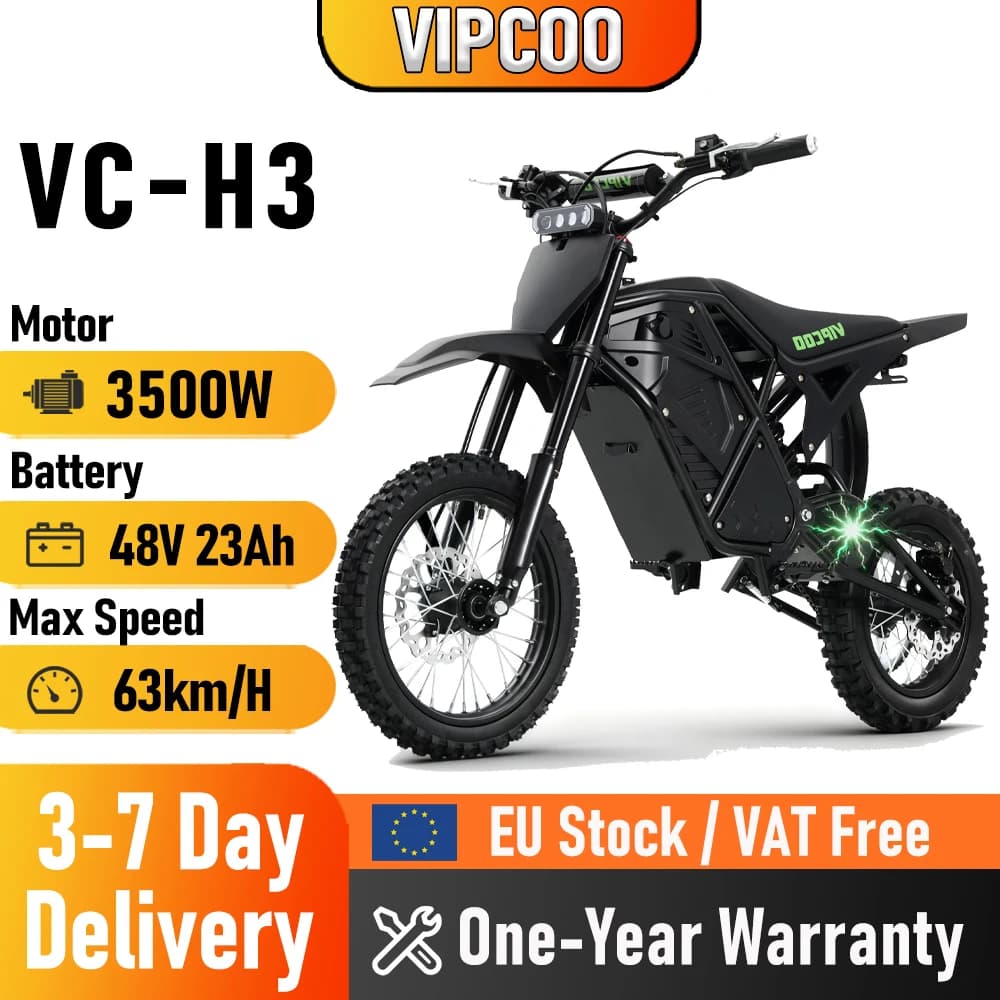 Electric Dirt Bike VIPCOO 3500W 48V 23AH Electric Motorcycle Fat Tire Nitrogen Suspension E Dirt Bike for Teens and Adults
