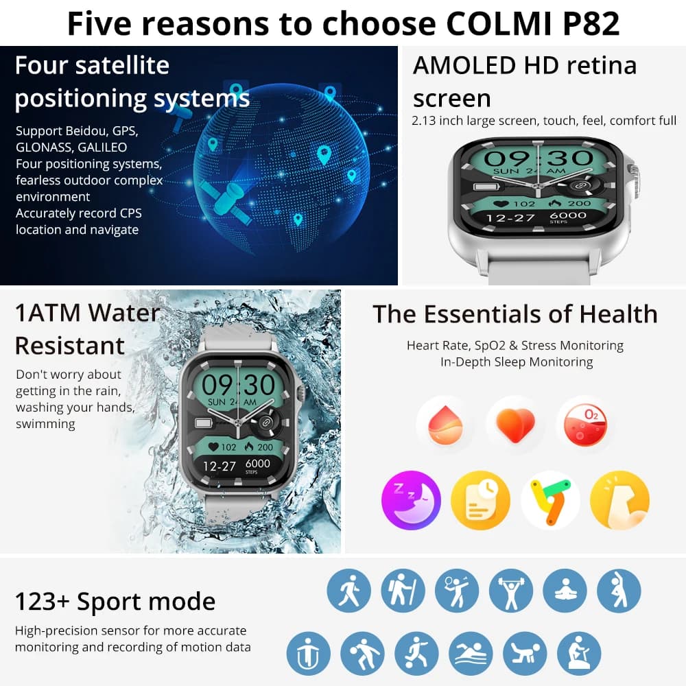 ساعة كولمي P82 الذكية مع GPS وشاشة AMOLED HD 2.13 بوصة مدمجة لإجراء واستقبال المكالمات للرجال والنساء 2025 - 2