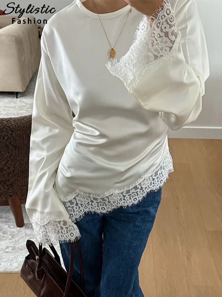 Elegant Satin Lace Patchwork Top Women O-neck Loose Long Sleeves Strappy Female shirt 2026 Spring Autumn Chic Lady T-shirt - 2