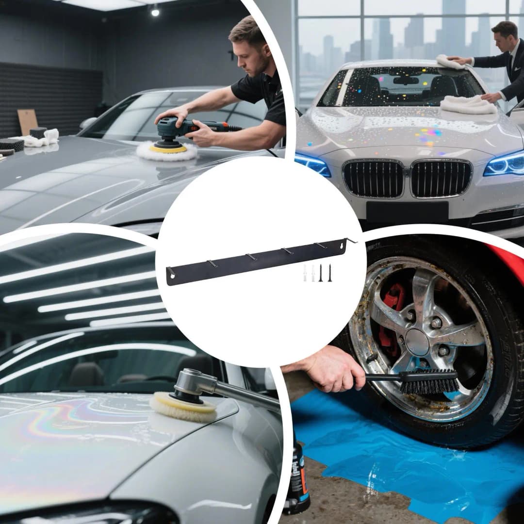 شماعة فرشاة تفصيل من الفولاذ المقاوم للصدأ مع 6 خطافات تنظيم، منظم تفصيل سيارات مثبت على الحائط للمنزل أو الورشة أو المرآب - 5