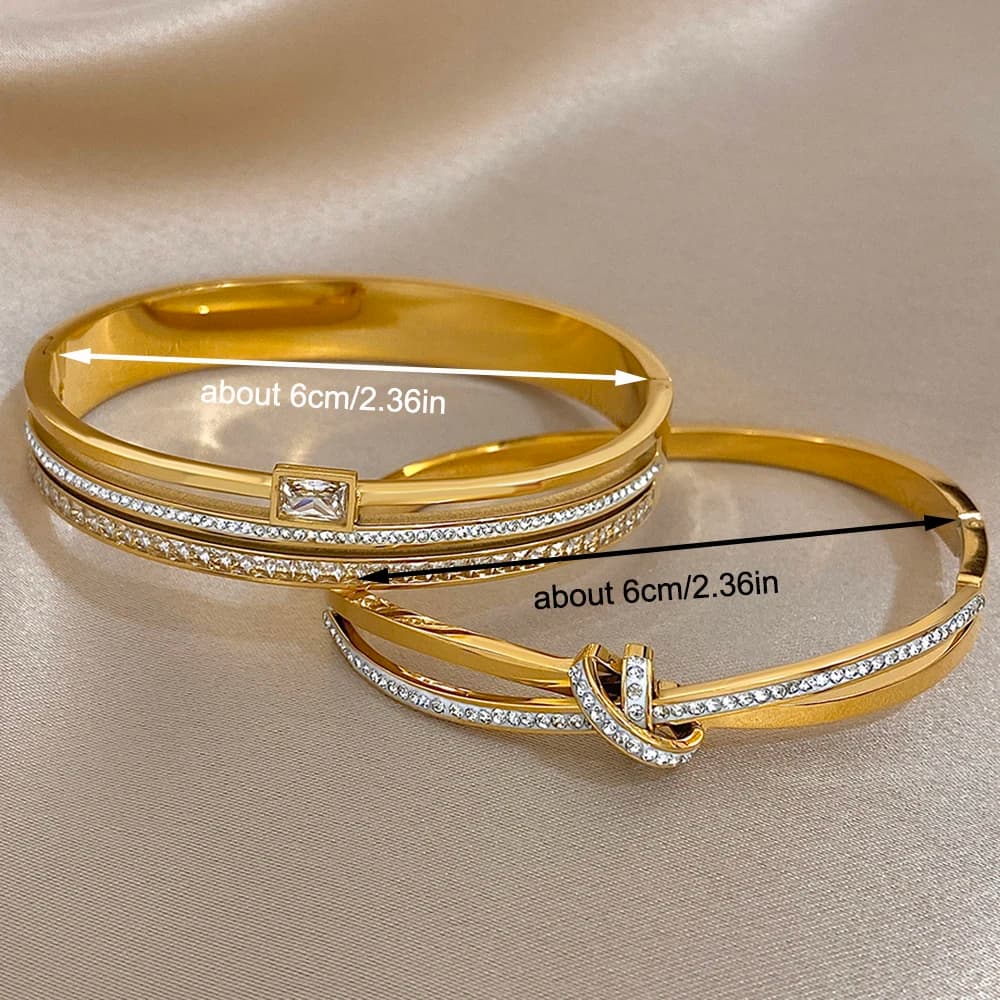 Luxury Stainless Steel Cuff Bracelet Bangle Set for Women Men Gold Plated Bracelets Inlaid White Rhinestone Wide Bangles Gift - 5