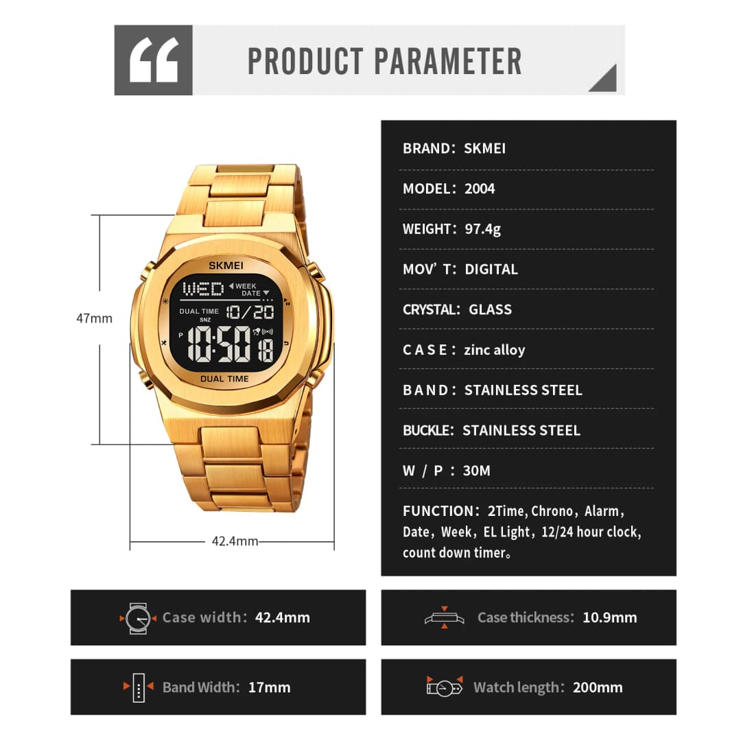 SKMEI 2004 Luxury Digital Watch for Men Sport Calendar Steel Waterproof Electronic Men Wristwatches Led Alarm Clock Reloj Hombre - 6