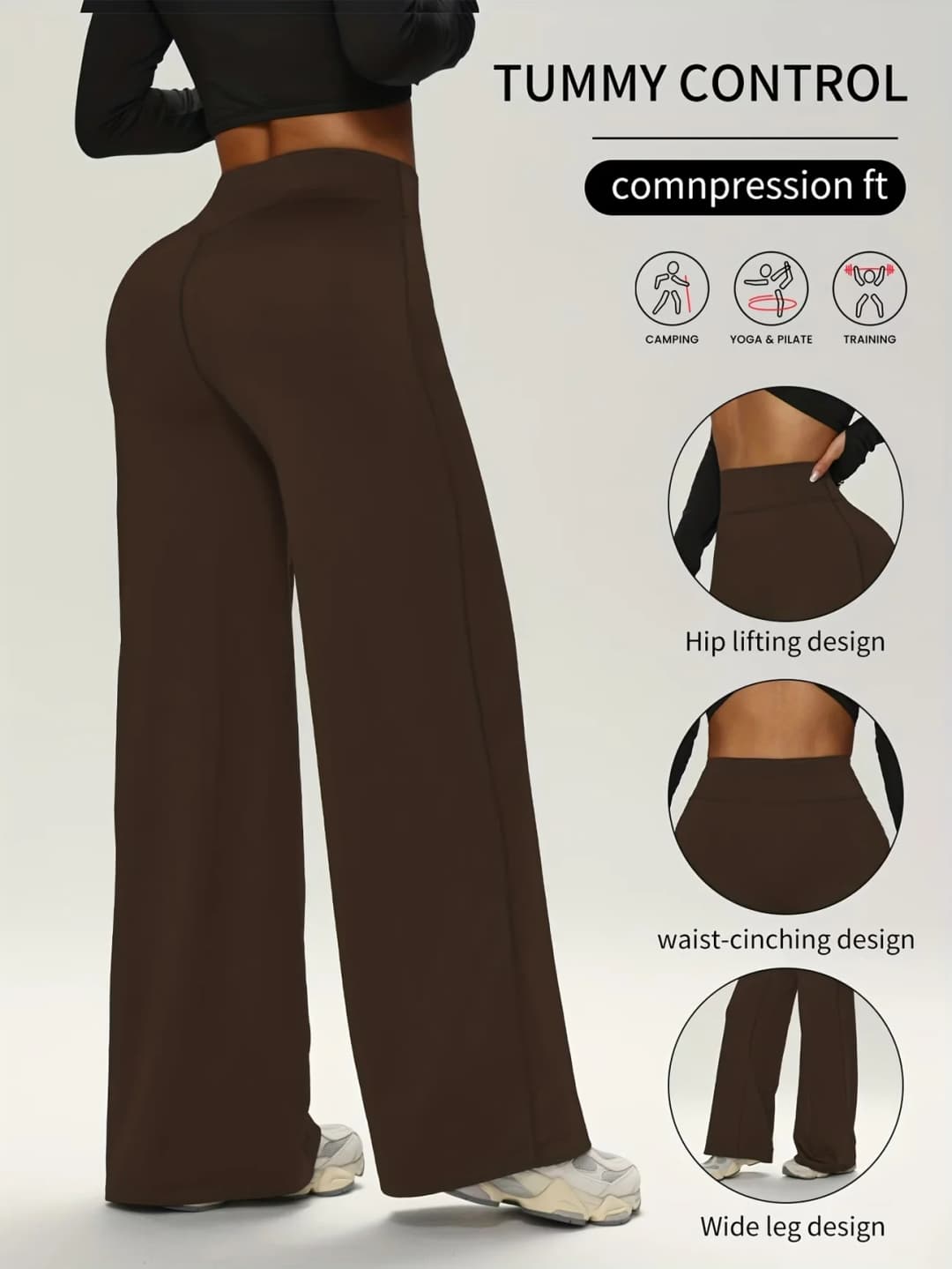 بنطلون رياضي بني مستقيم واسع الأرجل تصميم خصر نحيف مناسب للتمرين في الجيم والجري - 4