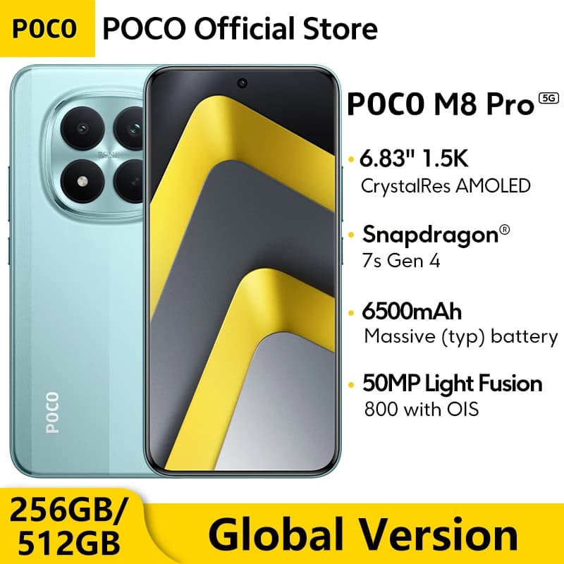 هاتف POCO M8 Pro 5G جديد إصدار عالمي معالج Snapdragon 7s الجيل 4 NFC شاشة 6.83 بوصة 1.5K 120 هرتز بطارية 6500 مللي أمبير شحن 100 واط كاميرا رئيسية 50 ميجابكسل
