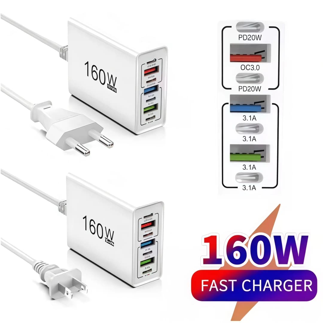 160W USB Charger 7-Port Multi Device Fast Charging Station PD QC3.0 Built-in Cable for iPhone Samsung Xiaomi iPad EU US Plug