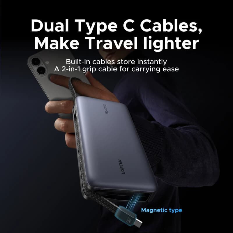 بنك طاقة يو جرين Nexode PD 165 واط 25000 مللي أمبير شاحن سريع محمول 140 واط PD3.1 مع كابلات Type C مزدوجة بطارية خارجية - 6