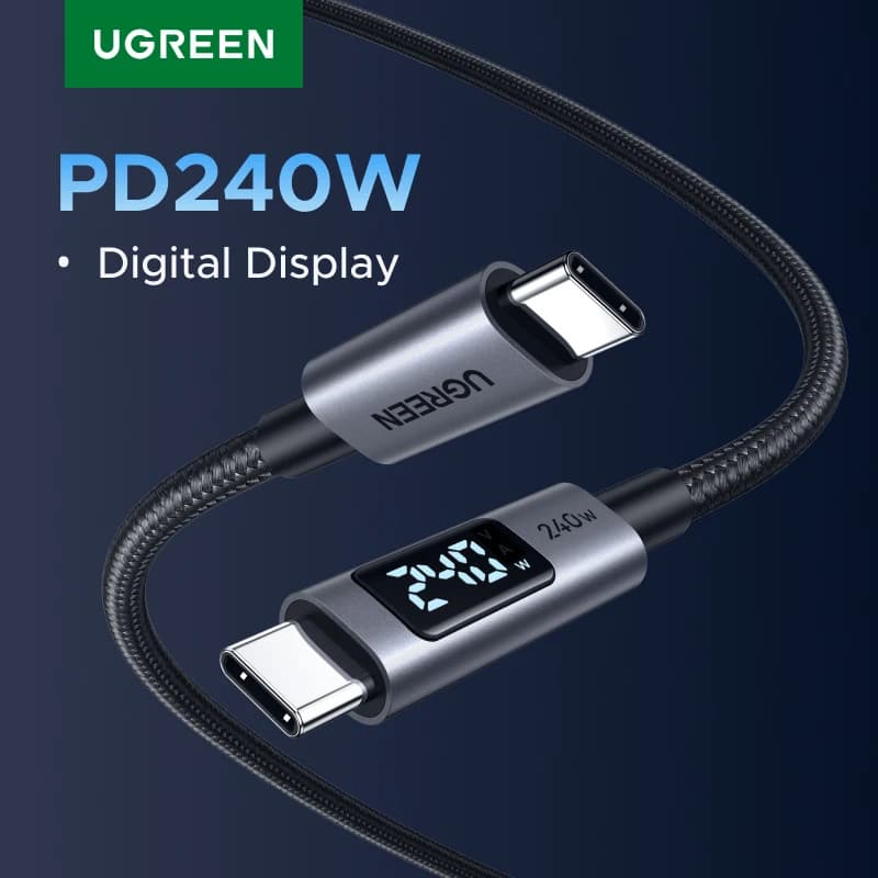 كابل UGREEN بشاشة عرض رقمية USB-C 240 واط PD3.1 Type-C لجهاز الكمبيوتر المحمول MacBook iPhone 17 Samsung S25 شاحن سريع Xiaomi