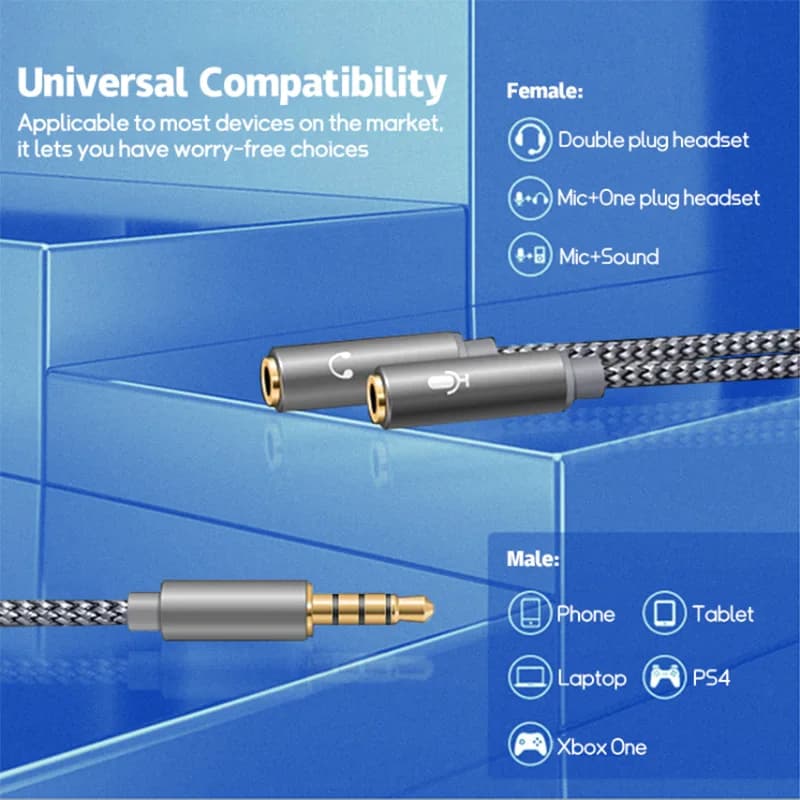 Headset Splitter 3.5mm Audio+Mic Stereo Headphone Splitter Audio 3.5mm 4 Pole Jack Y Cable for PS4,PC Gaming Headset,Xbox One - 3