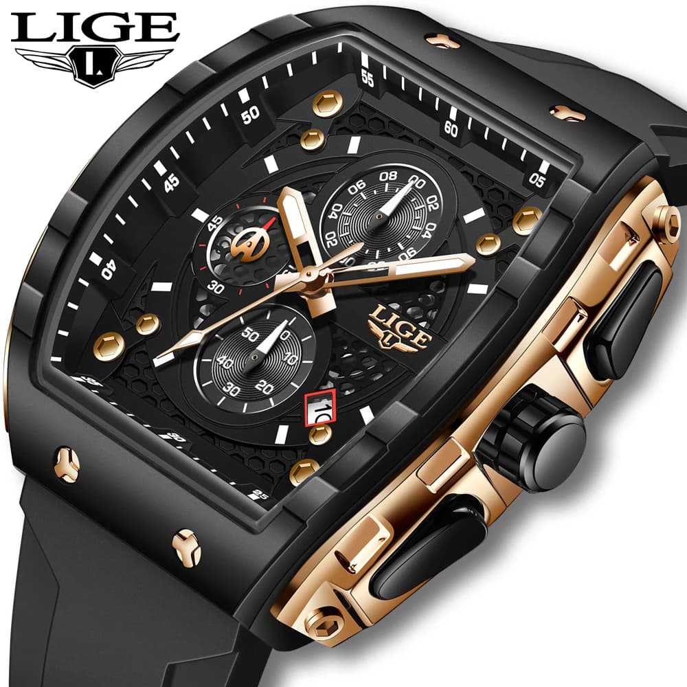 LIGE Men Watches Top Brand Luxury Square Silicone Watch For Men Fashion Military Quartz Waterproof Chronograph Relogio Masculino