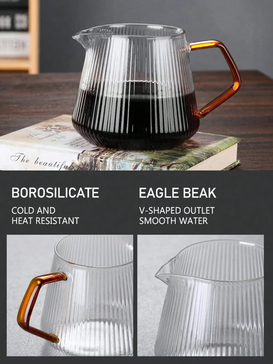 خادم قهوة زجاجي من Leeseph للصب فوق القهوة والشاي جسم زجاجي مخطط عمودياً آمن للميكروويف ومقاوم للحرارة (400 مل و 600 مل) - 5