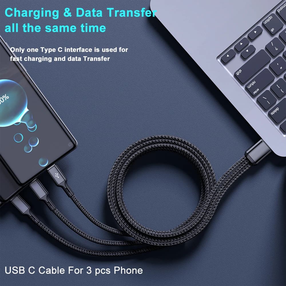 3 in1 USB to 3×Type - C Cable 100W 6A fast charge for Samsung S24 Xiaomi Huawei android phone usb c High-speed data transmission - 5