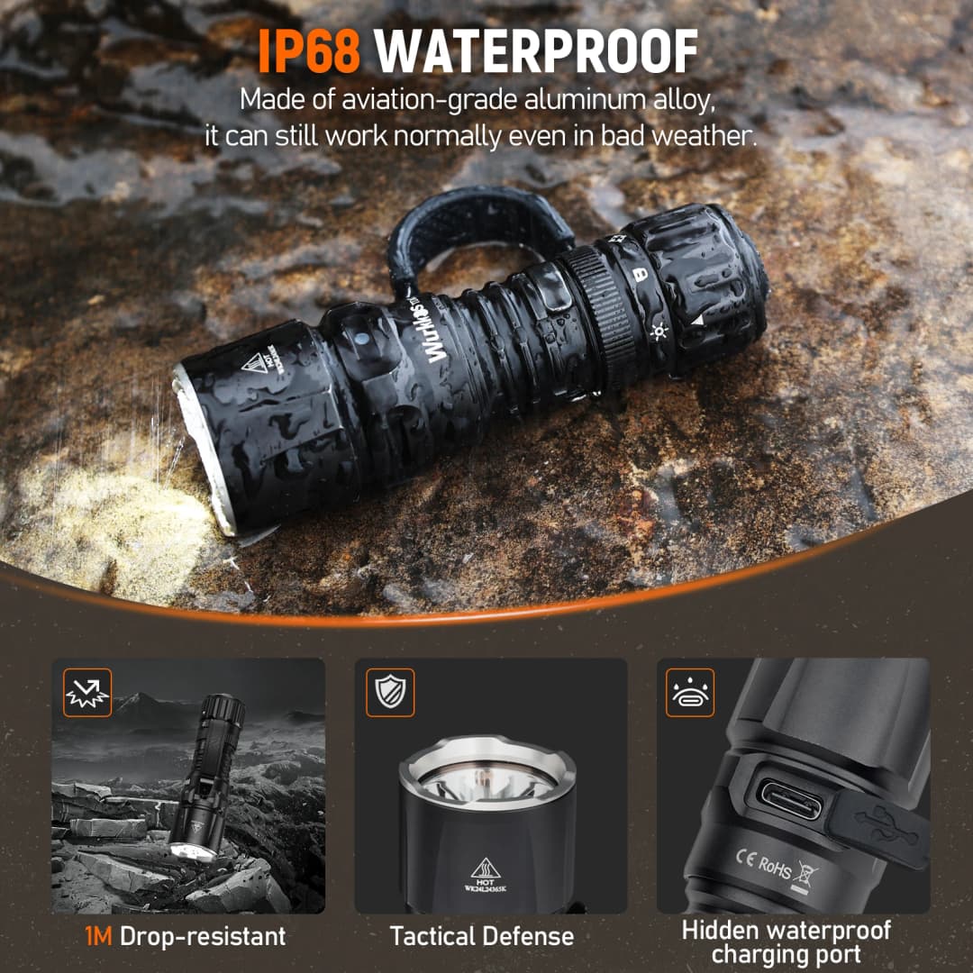 Wurkkos TD07 18350 Tactical Flashlight 1300LM 479M Long Range Rechargeable Lamp IP68 Mini Torch with Finger Ring Dual Switches - 4