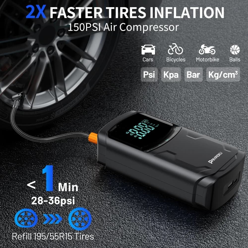 Car Jump Starter with Air Compressor Peak 5000A Auto Battery Booster 150PSI Air Pump Portable Power Bank Tire Inflator Lighting - 4